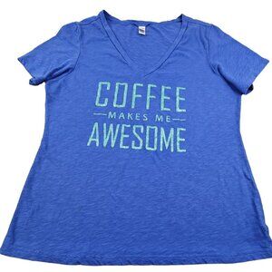 Coffee Makes Me Awesome Women Blue Graphic Tee Top Green Size Large   JH1054